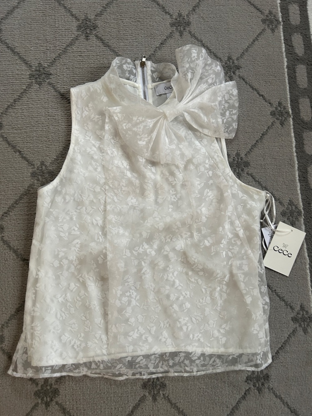 CeCe White Sheer Lace Floral Bow-Neck Sleeveless Blouse